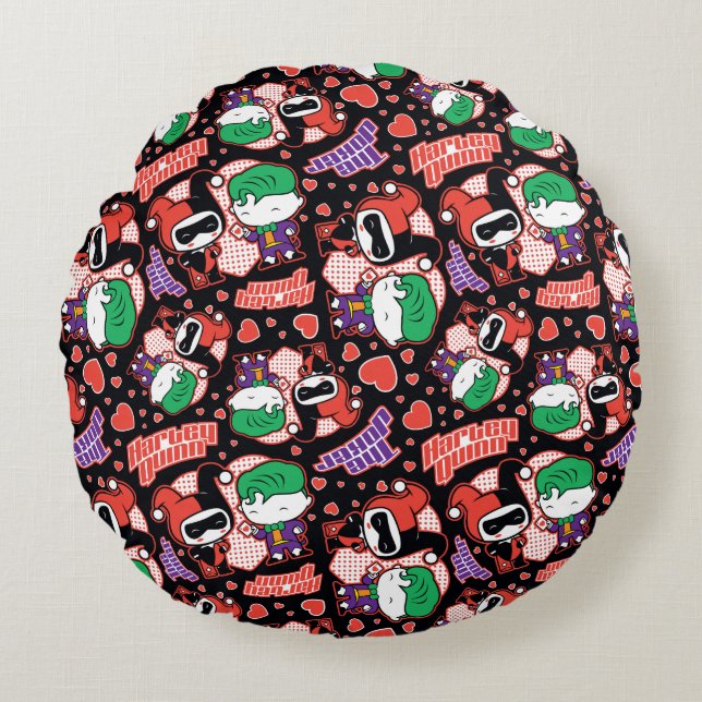 Chibi Joker and Harley Heart Pattern Round Pillow (Front)