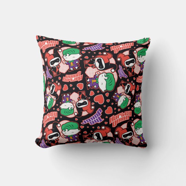 Chibi Joker and Harley Heart Pattern Throw Pillow (Front)