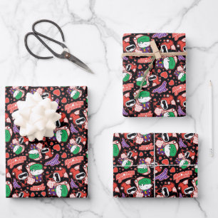 Chibi Joker and Harley Heart Pattern Wrapping Paper Sheet