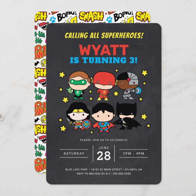 Chibi Justice League Chalkboard Invitation d'anniv (Devant / Derrière)