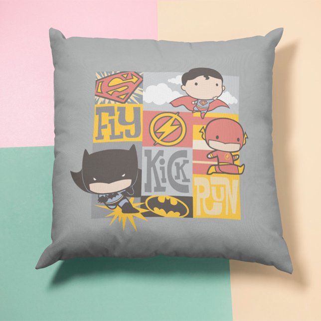 Chibi Justice League | Fly, Kick, Run Throw Pillow (Creator Uploaded)