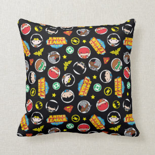 Chibi Justice League Heroes and Logos Pattern Throw Pillow