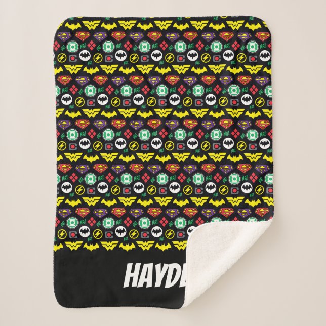 Chibi Justice League Logo Pattern Sherpa Blanket (Front)