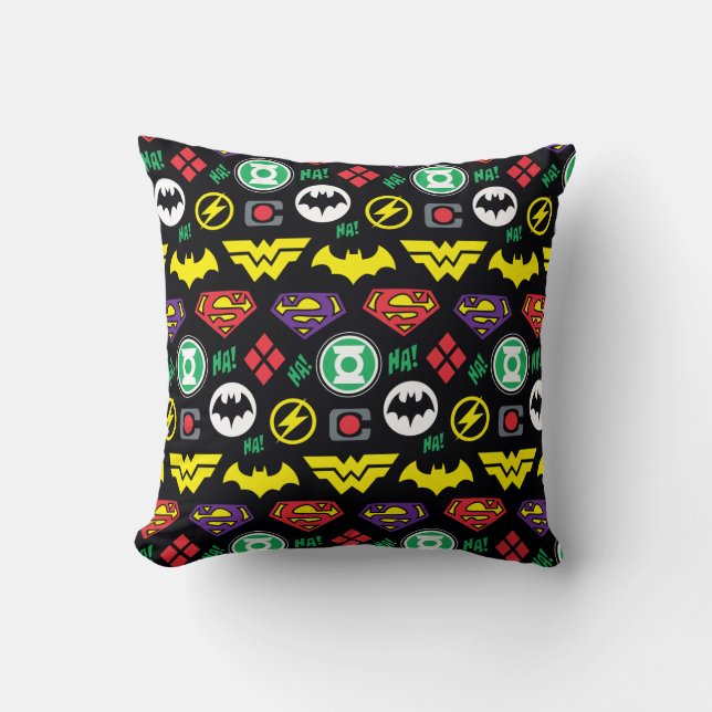 Chibi Justice League Logo Pattern Throw Pillow (Front)