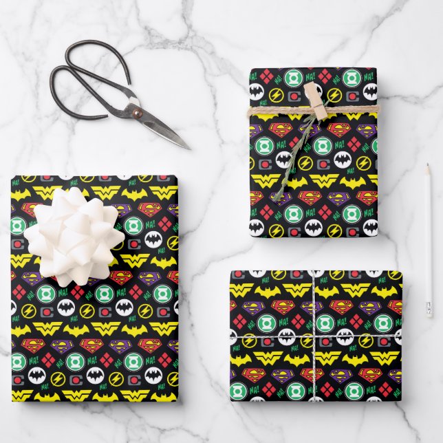 Chibi Justice League Logo Pattern Wrapping Paper Sheet (Front)