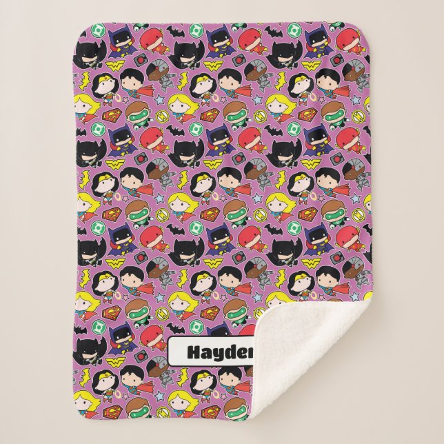 Chibi Justice League Pattern on Purple Sherpa Blanket (Front)