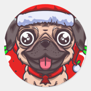 Chibi Kawaii Pug Christmas Circle Sticker