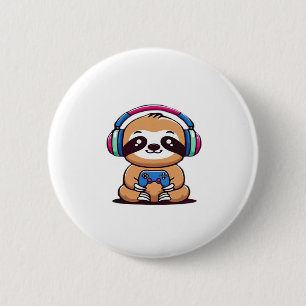 Chibi Kawaii Sloth Gamer – Cute Funny Animal with 2 Inch Round Button