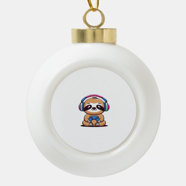 Chibi Kawaii Sloth Gamer – Cute Funny Animal with  Ceramic Ball Christmas Ornament (Front)