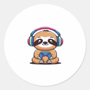 Chibi Kawaii Sloth Gamer – Cute Funny Animal with  Classic Round Sticker