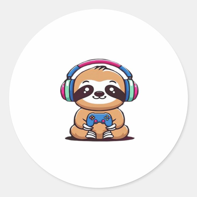 Chibi Kawaii Sloth Gamer – Cute Funny Animal with  Classic Round Sticker (Front)