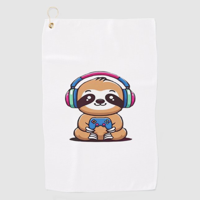 Chibi Kawaii Sloth Gamer – Cute Funny Animal with  Golf Towel (Front)