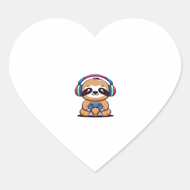 Chibi Kawaii Sloth Gamer – Cute Funny Animal with  Heart Sticker (Front)