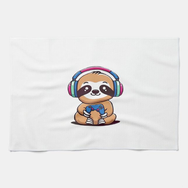Chibi Kawaii Sloth Gamer � Cute Funny Animal with  Kitchen Towel (Horizontal)