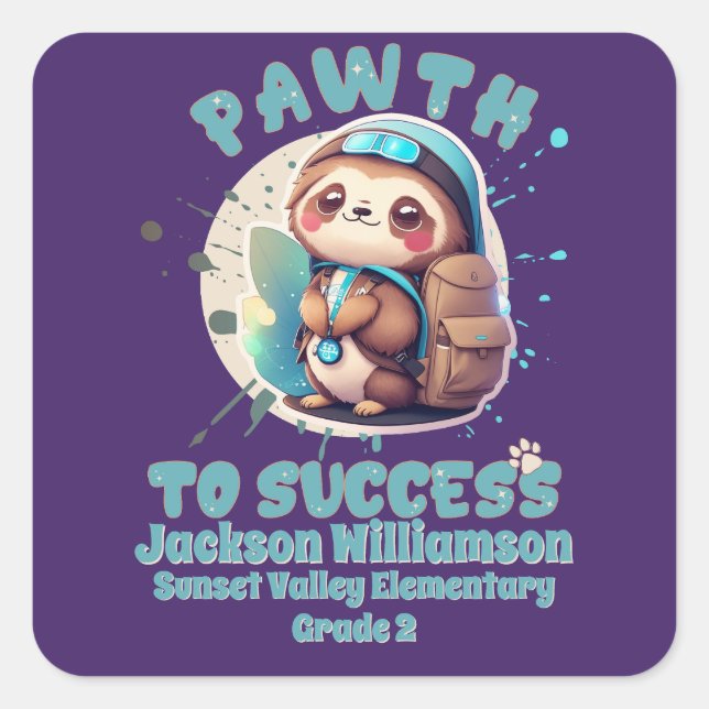 Chibi Kawaii Sloth Name School Grade Square Sticker (Front)