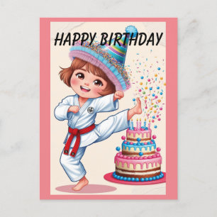 Chibi kicking birthday cake postcard
