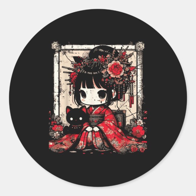Chibi Kimono Girl Black Cat Flowers Japanese Art W Classic Round Sticker (Front)