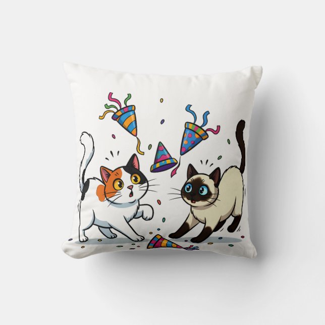 Chibi Kittens Investigating Confetti Chaos Throw Pillow (Front)