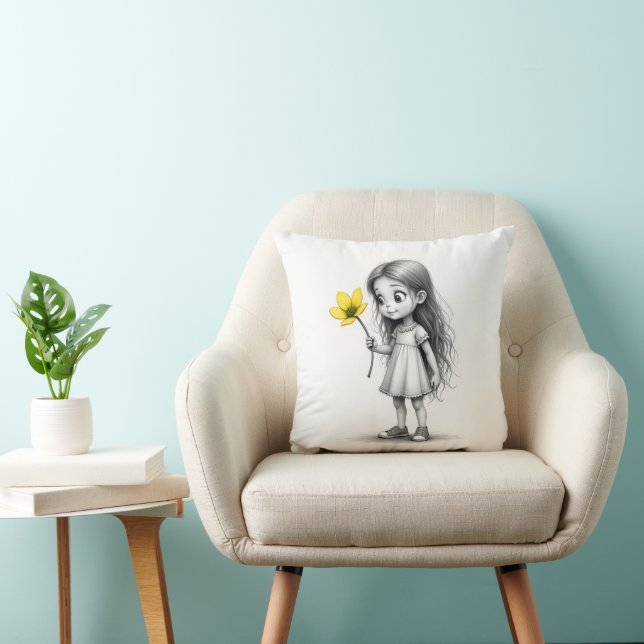Chibi Little Girl With Flower Throw Pillow (Chair)