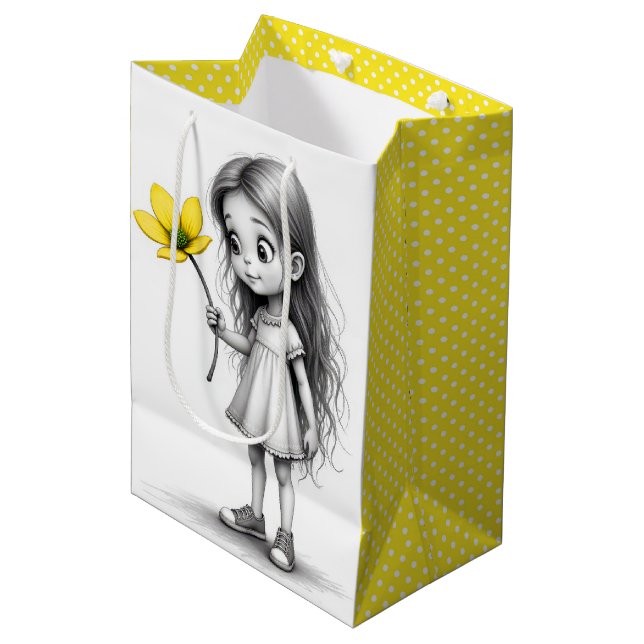 Chibi Little Girl With Yellow Flower Medium Gift Bag (Front Angled)