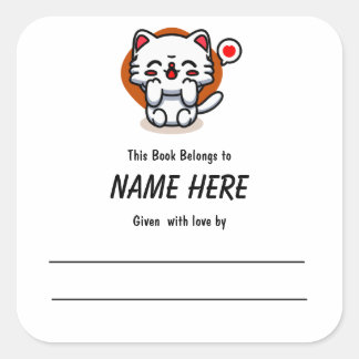 Chibi Love Cat Children's Bookplate With Message Square Sticker