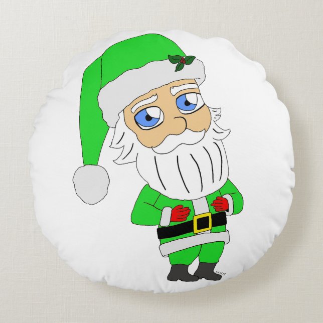 Chibi Santa green suit Round Pillow (Front)