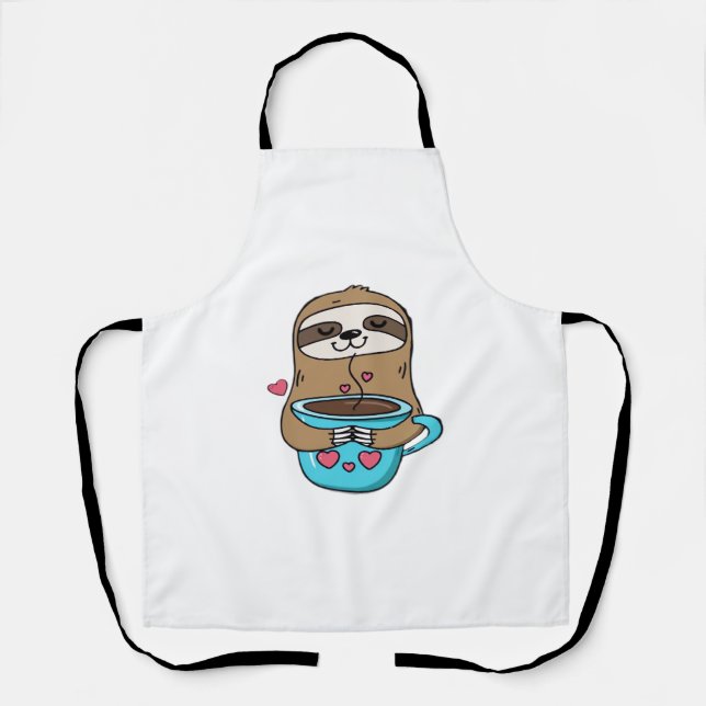 Chibi Sloth Coffee Lover – Cute Kawaii Sloth Huggi Apron (Front)