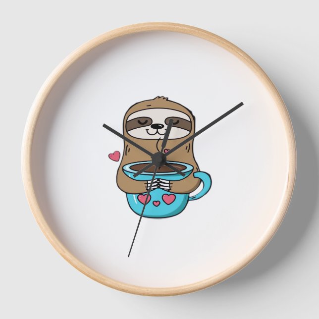 Chibi Sloth Coffee Lover – Cute Kawaii Sloth Huggi Clock (Front)