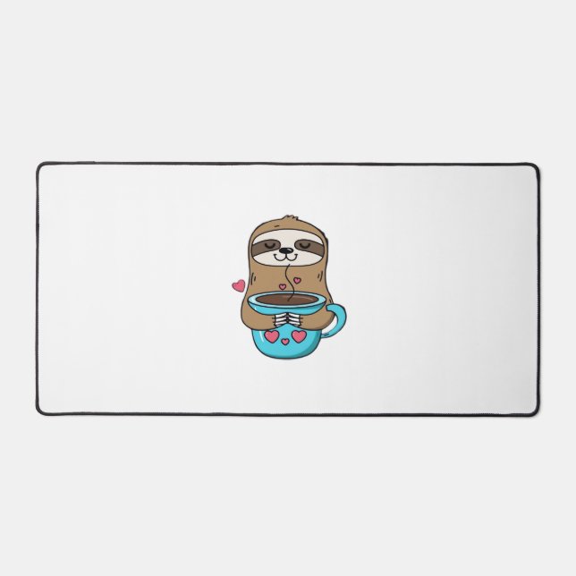 Chibi Sloth Coffee Lover – Cute Kawaii Sloth Huggi Desk Mat (Front)