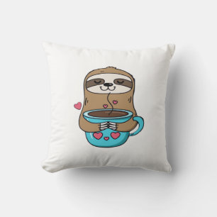 Chibi Sloth Coffee Lover � Cute Kawaii Sloth Huggi Throw Pillow