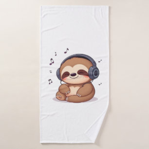 Chibi Sloth with Headphones � Cute Kawaii Relaxing Bath Towel