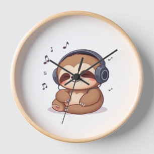 Chibi Sloth with Headphones � Cute Kawaii Relaxing Clock
