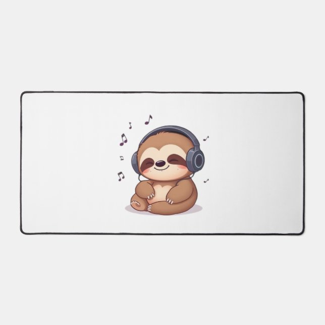 Chibi Sloth with Headphones � Cute Kawaii Relaxing Desk Mat (Front)