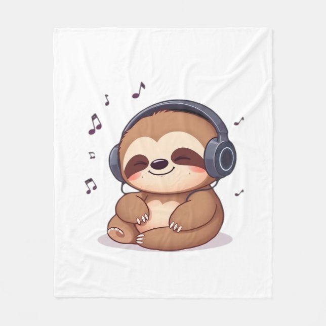 Chibi Sloth with Headphones � Cute Kawaii Relaxing Fleece Blanket (Front)