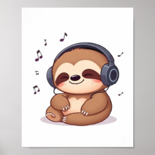Chibi Sloth with Headphones � Cute Kawaii Relaxing Poster