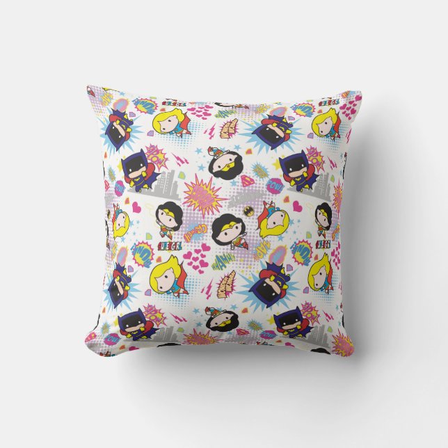 Chibi Super Heroine Pattern Throw Pillow (Front)