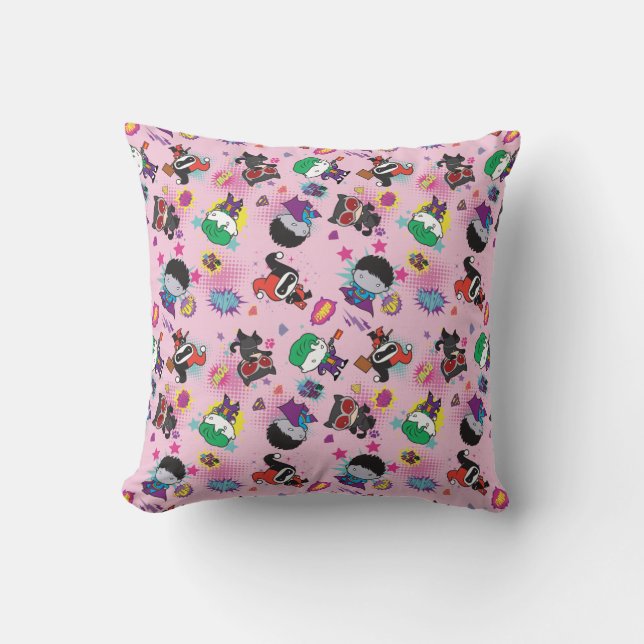 Chibi Super Villain Action Pattern Throw Pillow (Front)