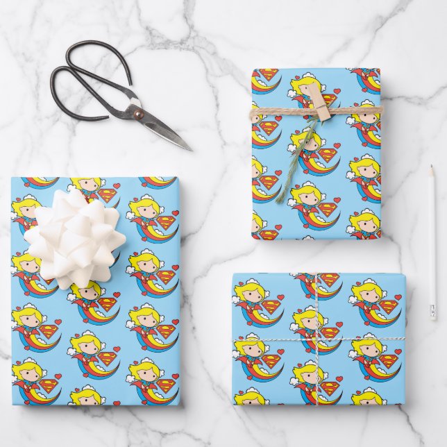 Chibi Supergirl Flying Rainbow Wrapping Paper Sheet (Front)