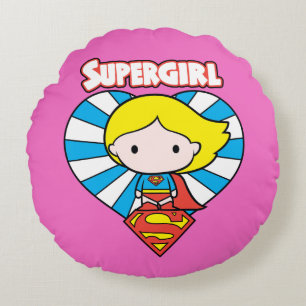 Chibi Supergirl Starburst Heart and Logo Round Pillow