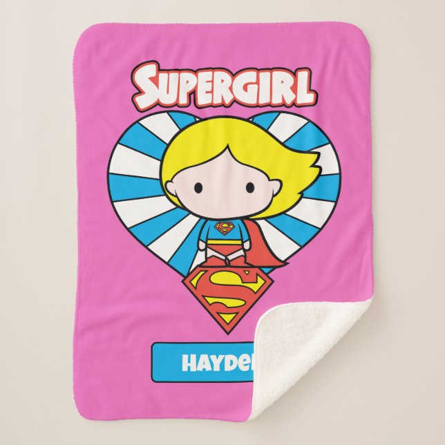 Chibi Supergirl Starburst Heart and Logo Sherpa Blanket (Front)