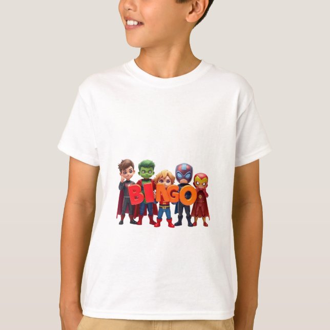 Chibi Superheroes Spell "BINGO"  T-Shirt (Front)