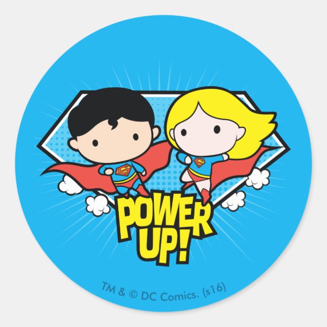 Chibi Superman & Chibi Supergirl Power Up! Classic Round Sticker (Front)