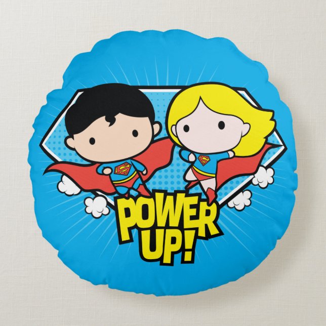Chibi Superman & Chibi Supergirl Power Up! Round Pillow (Front)