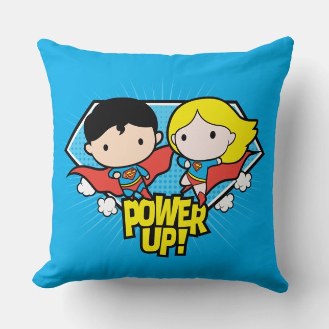 Chibi Superman & Chibi Supergirl Power Up! Throw Pillow (Front)
