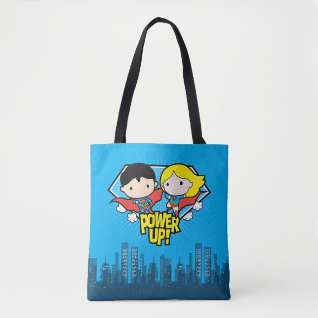 Chibi Superman & Chibi Supergirl Power Up! Tote Bag (Front)