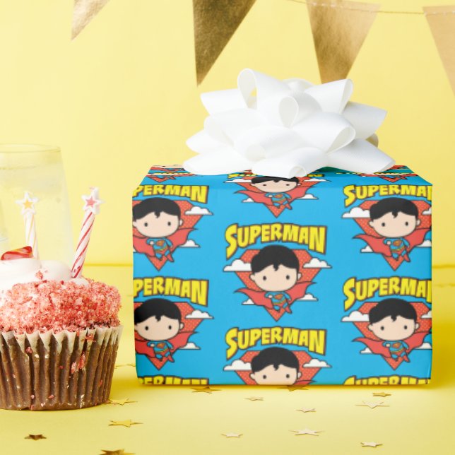 Chibi Superman Polka Dot Shield and Name Wrapping Paper (Birthday Party)