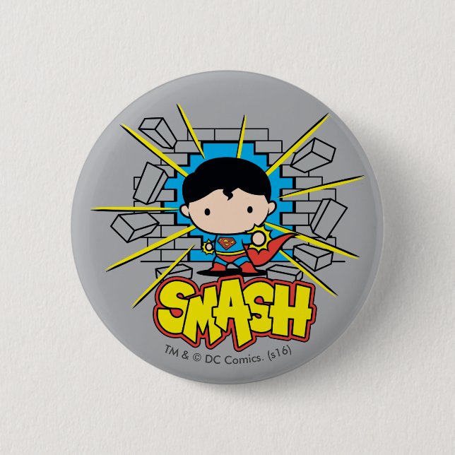 Chibi Superman Smashing Through Brick Wall 2 Inch Round Button (Front)