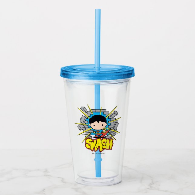 Chibi Superman Smashing Through Brick Wall Acrylic Tumbler (Front)