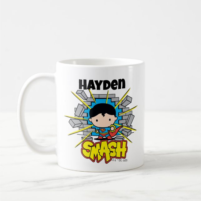Chibi Superman Smashing Through Brick Wall Coffee Mug (Left)