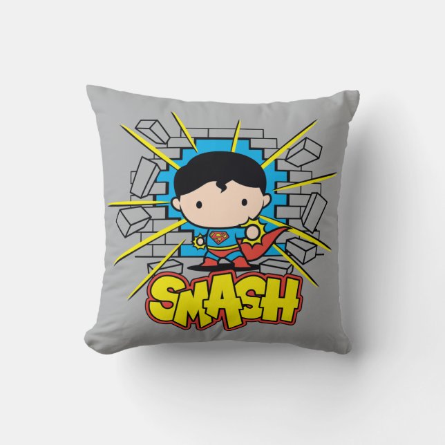 Chibi Superman Smashing Through Brick Wall Throw Pillow (Front)